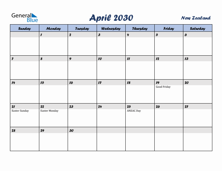 April 2030 Calendar with Holidays in New Zealand