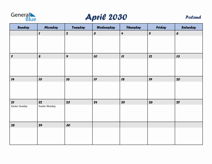 April 2030 Calendar with Holidays in Poland