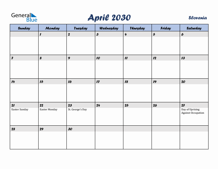 April 2030 Calendar with Holidays in Slovenia