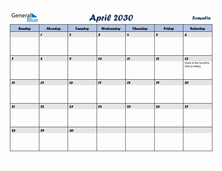 April 2030 Calendar with Holidays in Somalia