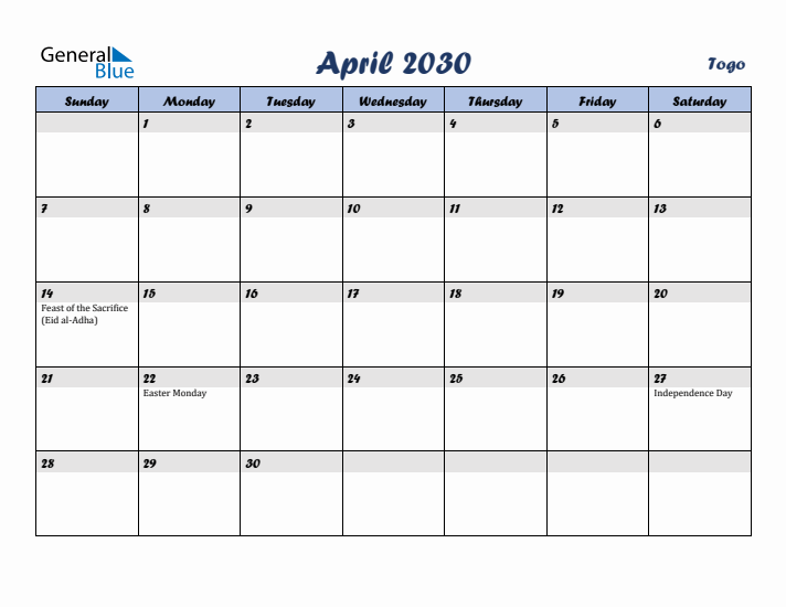 April 2030 Calendar with Holidays in Togo