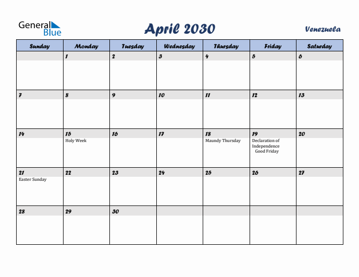 April 2030 Calendar with Holidays in Venezuela