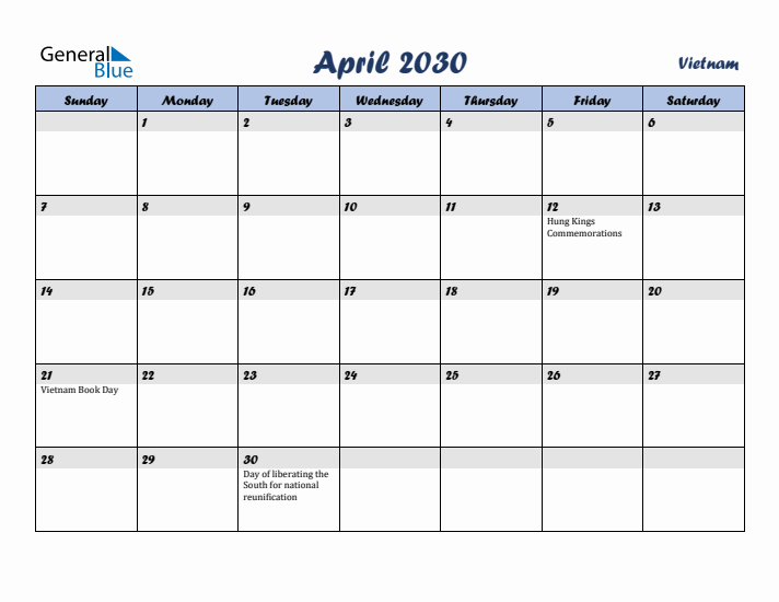 April 2030 Calendar with Holidays in Vietnam