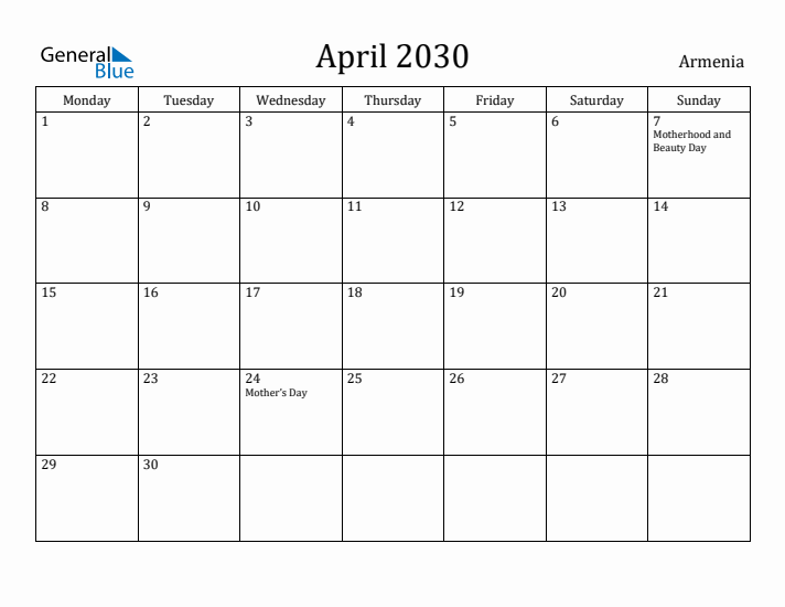 April 2030 Calendar Armenia