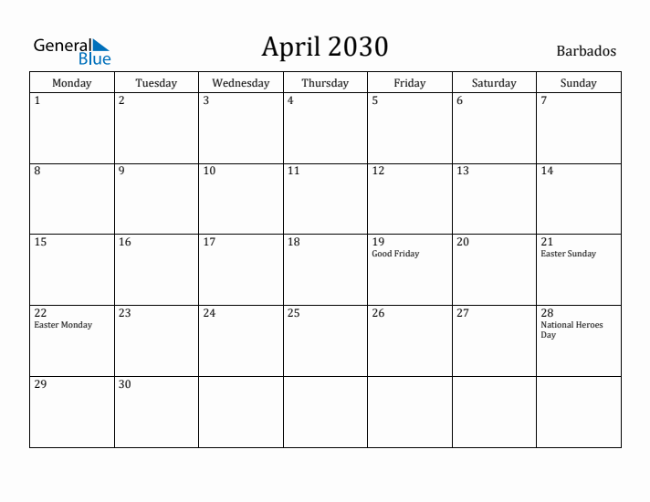 April 2030 Calendar Barbados