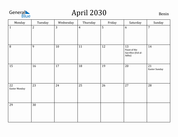 April 2030 Calendar Benin