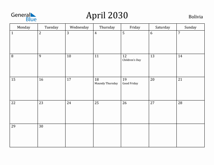 April 2030 Calendar Bolivia