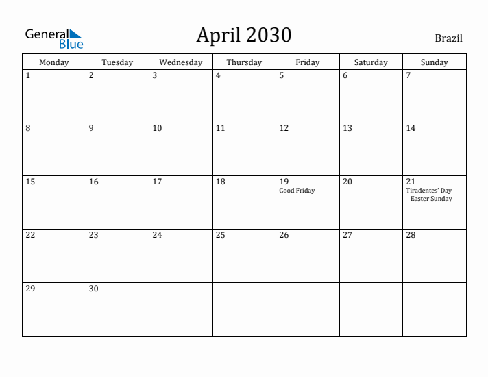 April 2030 Calendar Brazil