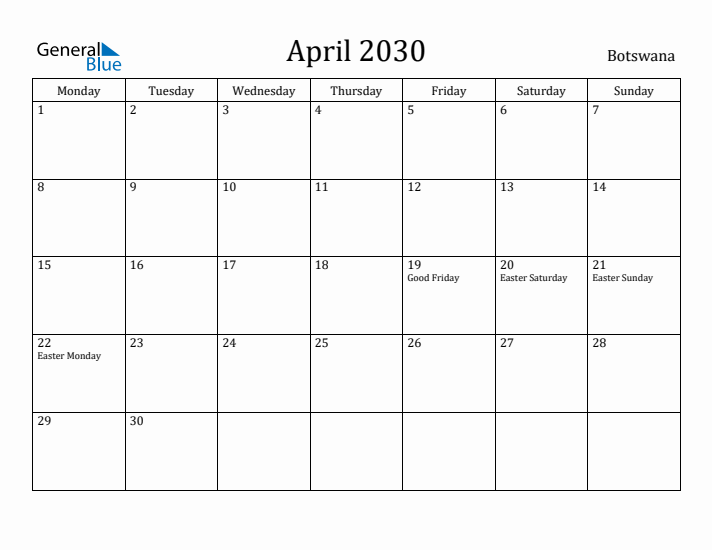 April 2030 Calendar Botswana