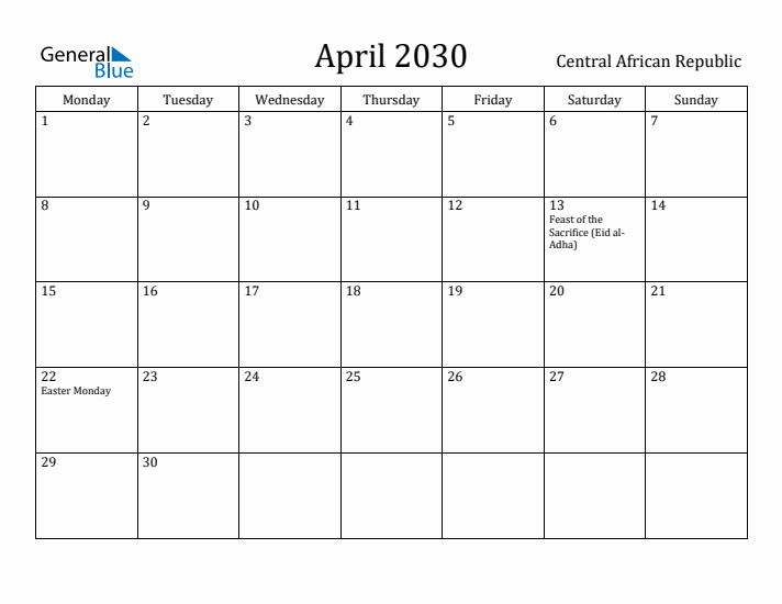 April 2030 Calendar Central African Republic