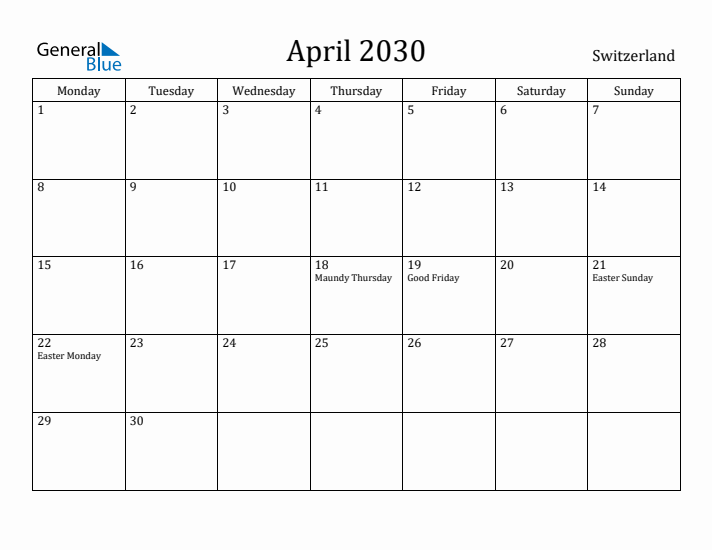 April 2030 Calendar Switzerland