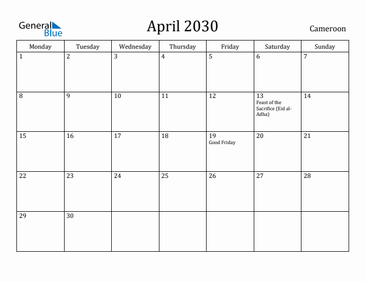 April 2030 Calendar Cameroon