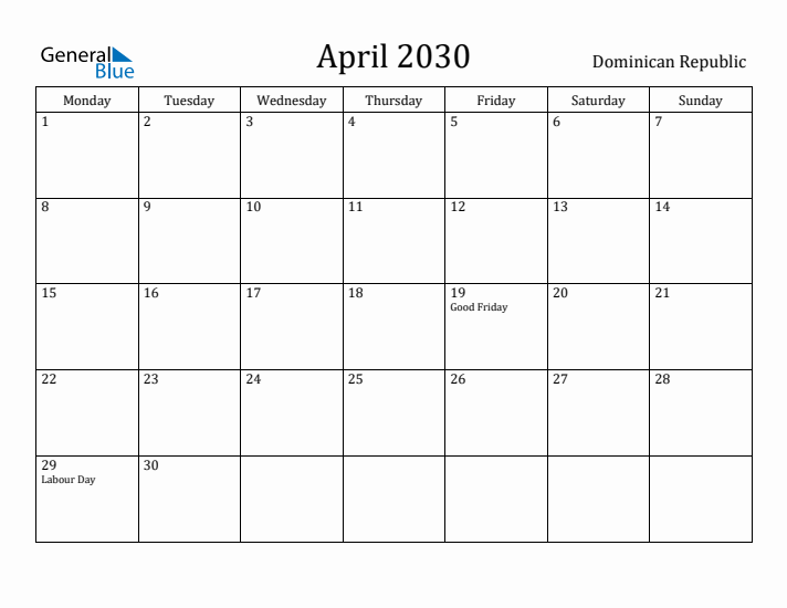 April 2030 Calendar Dominican Republic