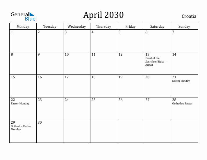 April 2030 Calendar Croatia