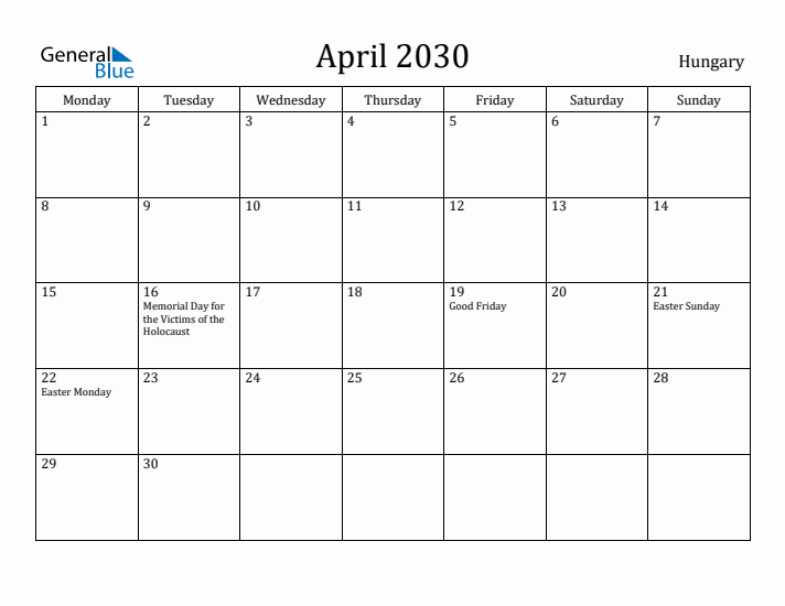 April 2030 Calendar Hungary