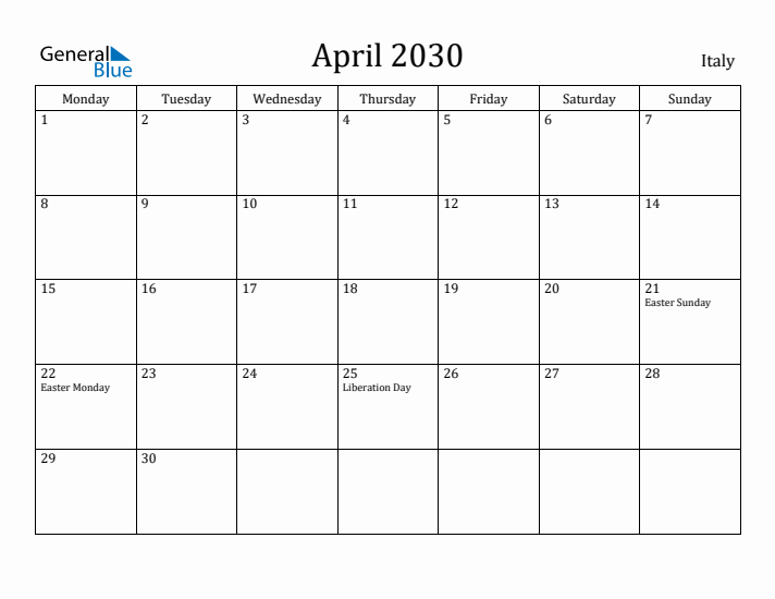 April 2030 Calendar Italy