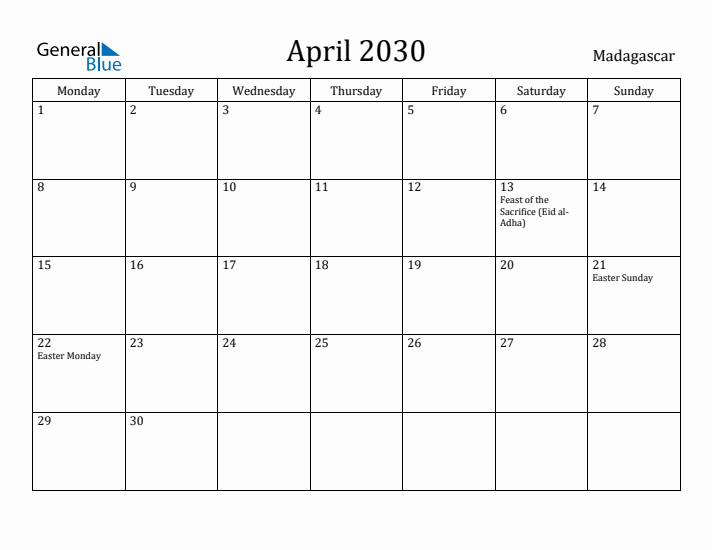 April 2030 Calendar Madagascar