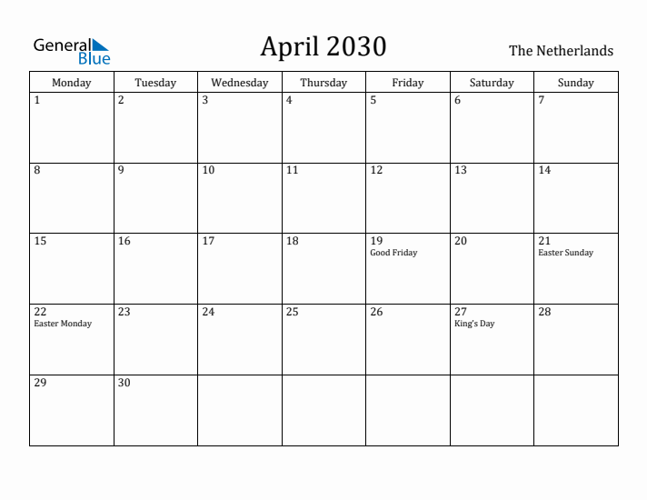 April 2030 Calendar The Netherlands