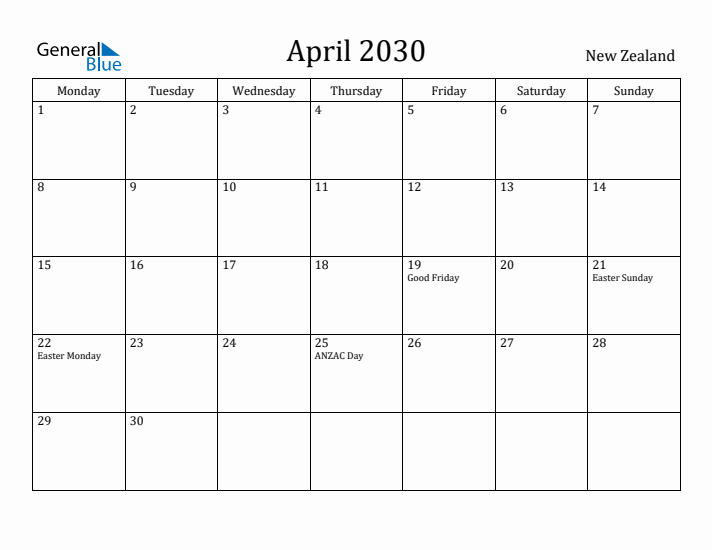 April 2030 Calendar New Zealand