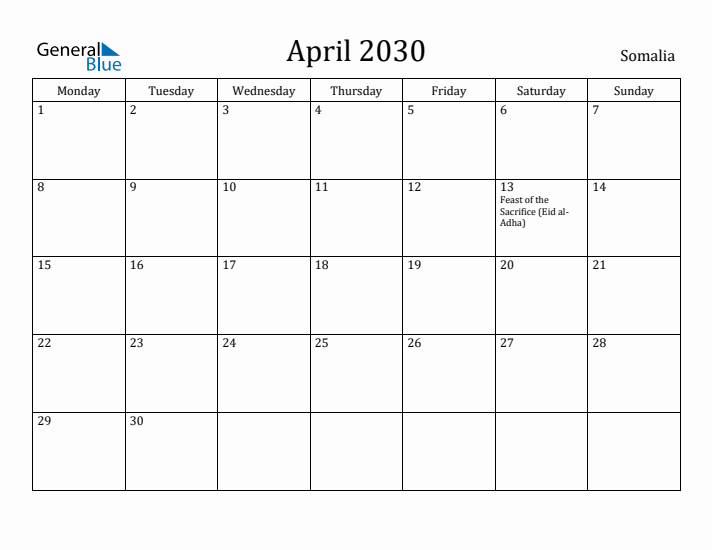 April 2030 Calendar Somalia