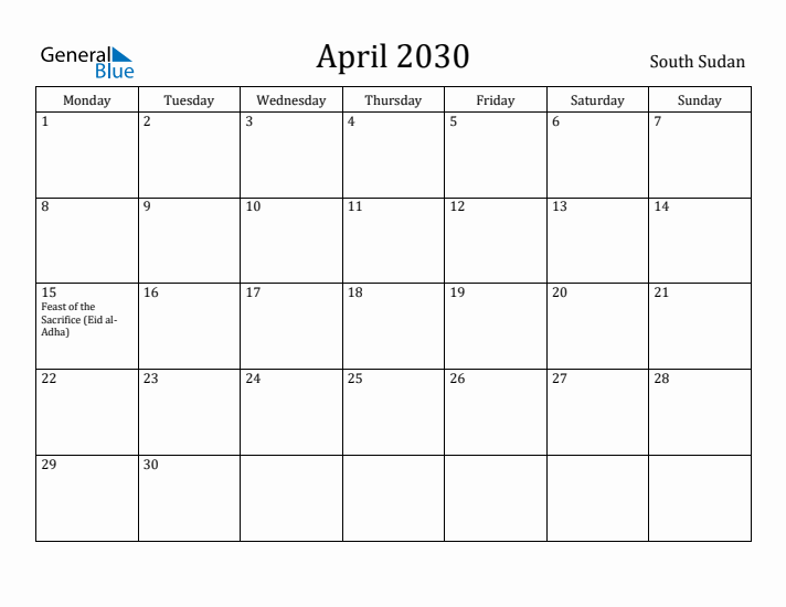 April 2030 Calendar South Sudan