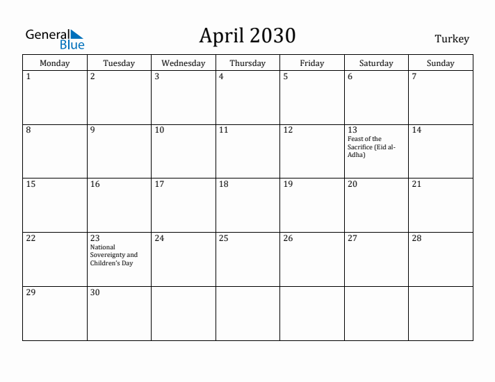 April 2030 Calendar Turkey