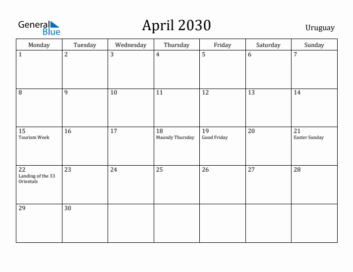 April 2030 Calendar Uruguay