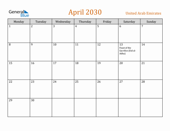 April 2030 Holiday Calendar with Monday Start