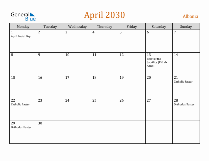 April 2030 Holiday Calendar with Monday Start