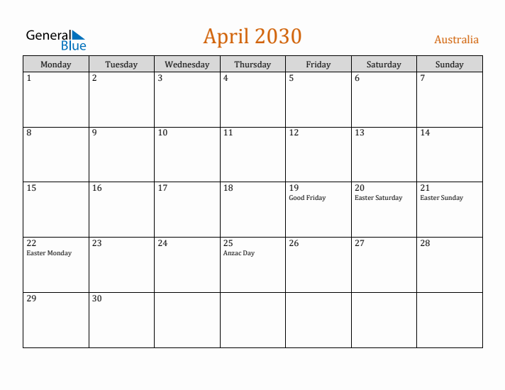 April 2030 Holiday Calendar with Monday Start