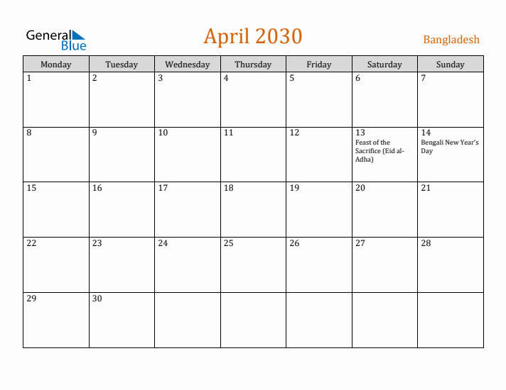 April 2030 Holiday Calendar with Monday Start