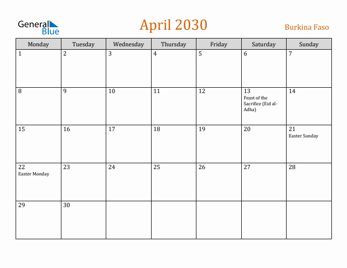 April 2030 Holiday Calendar with Monday Start