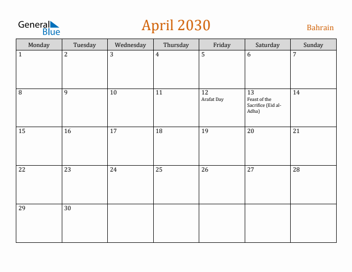 April 2030 Holiday Calendar with Monday Start