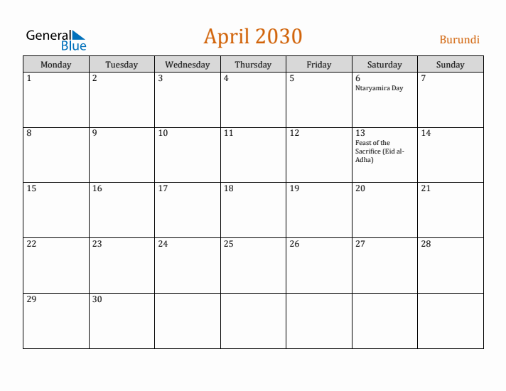 April 2030 Holiday Calendar with Monday Start