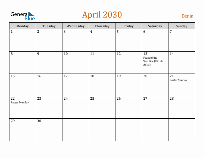 April 2030 Holiday Calendar with Monday Start