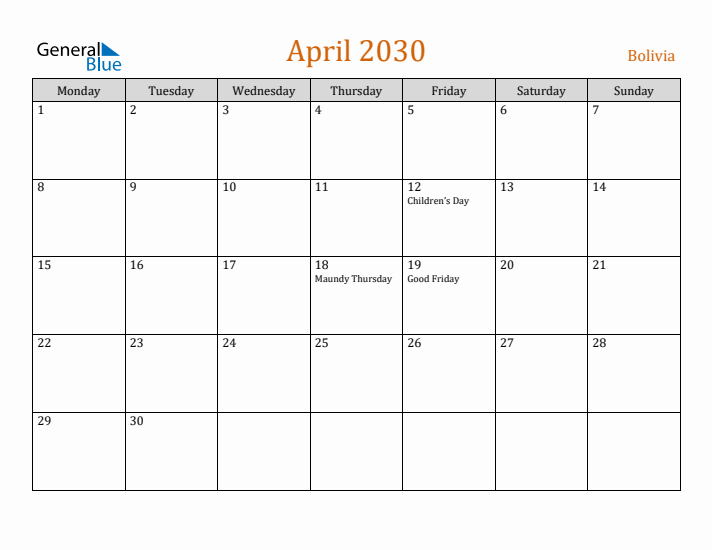 April 2030 Holiday Calendar with Monday Start