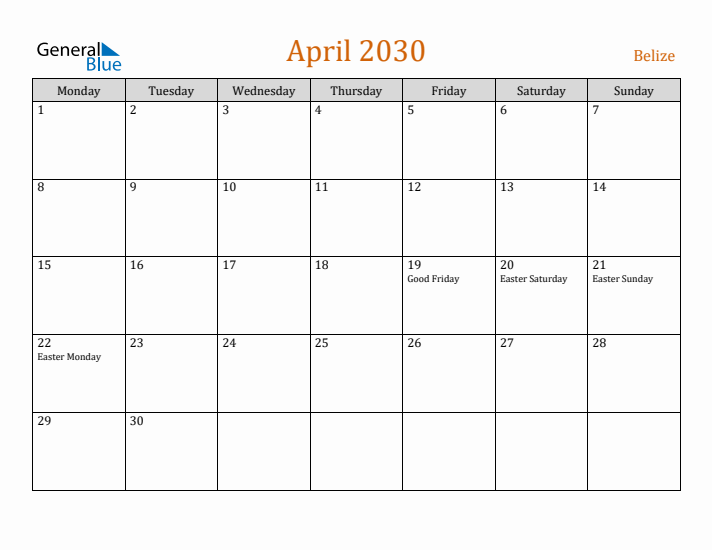 April 2030 Holiday Calendar with Monday Start