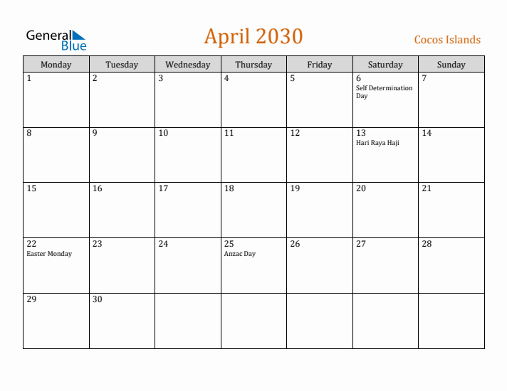 April 2030 Holiday Calendar with Monday Start