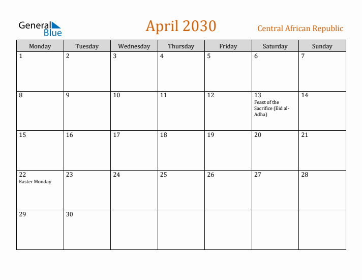 April 2030 Holiday Calendar with Monday Start