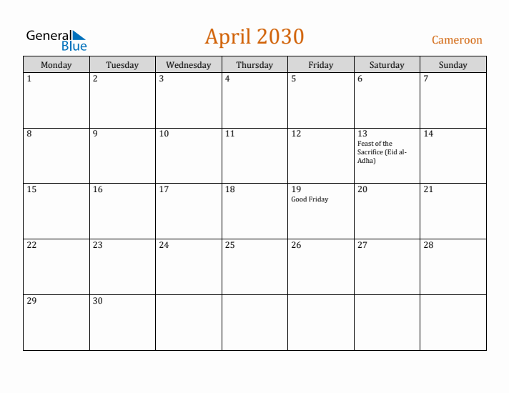 April 2030 Holiday Calendar with Monday Start