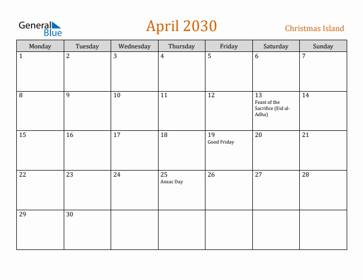 April 2030 Holiday Calendar with Monday Start