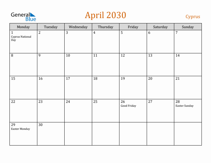 April 2030 Holiday Calendar with Monday Start