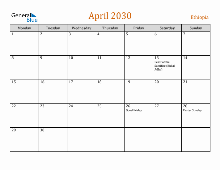 April 2030 Holiday Calendar with Monday Start