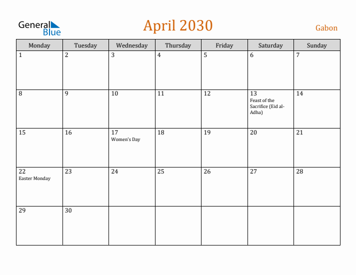 April 2030 Holiday Calendar with Monday Start