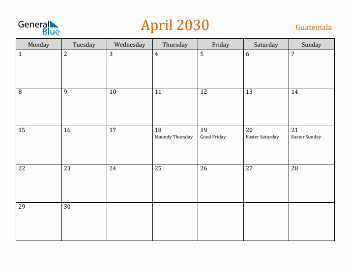 April 2030 Holiday Calendar with Monday Start