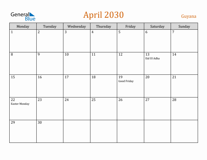 April 2030 Holiday Calendar with Monday Start