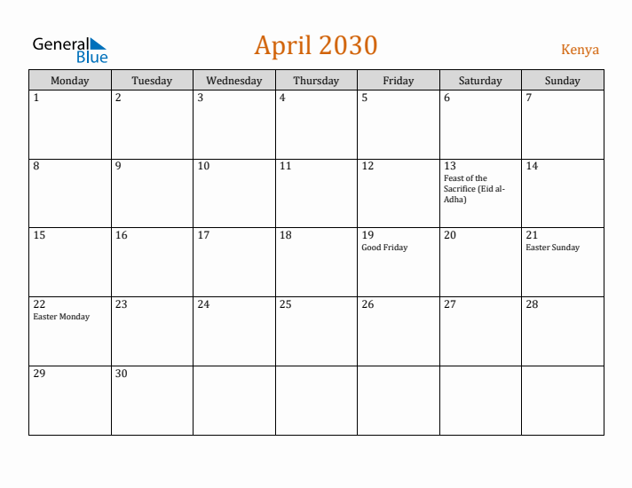 April 2030 Holiday Calendar with Monday Start