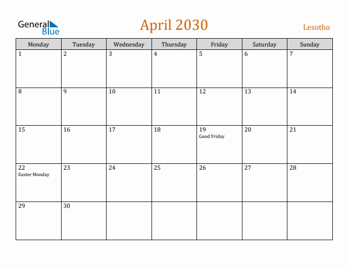 April 2030 Holiday Calendar with Monday Start