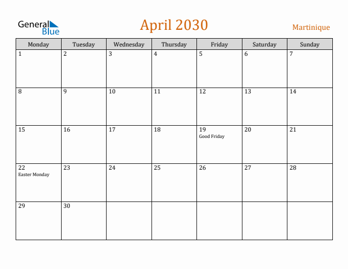 April 2030 Holiday Calendar with Monday Start