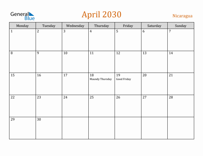 April 2030 Holiday Calendar with Monday Start